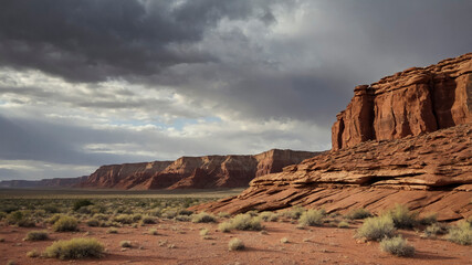 Desert Landscape with Red Rock Cliffs and Storm Clouds
