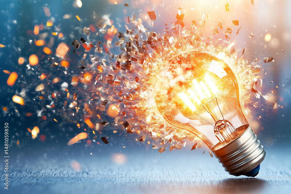 Aufkleber exploding traditional electric bulb creating sparkling light and colored splashes in background