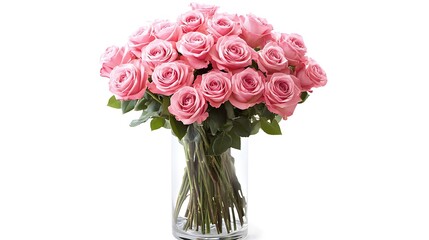 Obraz premium A tall, clear glass vase filled with fresh-cut roses, isolated on a white background, perfect for a romantic centerpiece