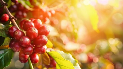 A lush coffee tree stands proud, with branches heavy with ripe cherries, ready for a fresh brew.