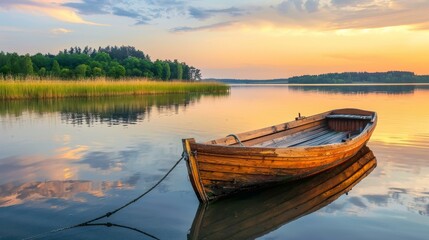 Obraz premium A wooden boat glides silently across a calm lake at dawn, creating serene reflections of the waking sky.