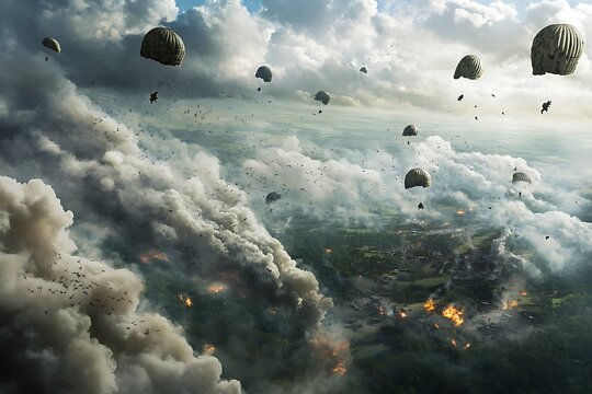 A thrilling airborne assault with paratroopers descending from the sky, the chaos of the battlefield unfolding below