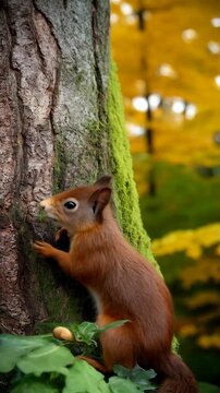 Alert red squirrel climbs a mossy tree trunk in autumn forest looking for food, foraging for nuts and seeds in a woodland habitat.
