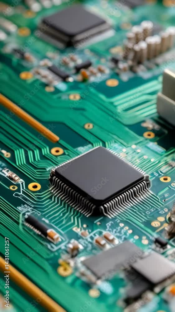 Poster macro close-up of a green circuit board with microchips and integrated circuits representing electro