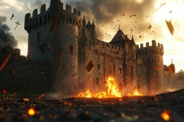 Fototapeta premium Stone castle ablaze, debris falling, fiery destruction.