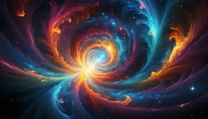 Swirling cosmic dust clouds painted in vibrant hues create a nebula-like abstract spiral form.