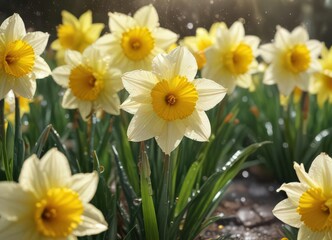 Obraz premium Close-up vibrant daffodils, sunlit petals, dew drops, spring scene, spring bloom, picture, photography