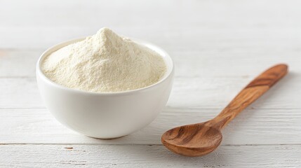 Premium Whey Protein Powder in Bowl Healthy Nutrition Supplement Fitness Food Ingredient Dietary White Background Wooden Spoon Gain Meal Pure Milk    