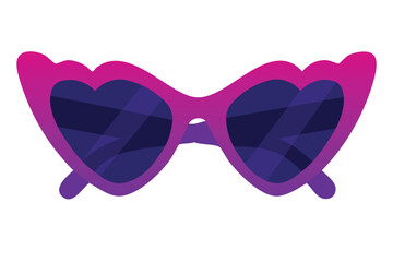 Bold cat eye sunglasses with heart-shaped purple lenses and magenta frame in cartoon flat style.