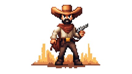 Pixel Art Cowboy Cartoon Vector Illustration Isolated on White Background