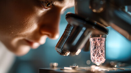 Scientist intently examines a sample under a microscope, shining light and intricate details revealing complex structures.