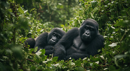 Naklejka premium Gorillas Resting in Lush Green Forest