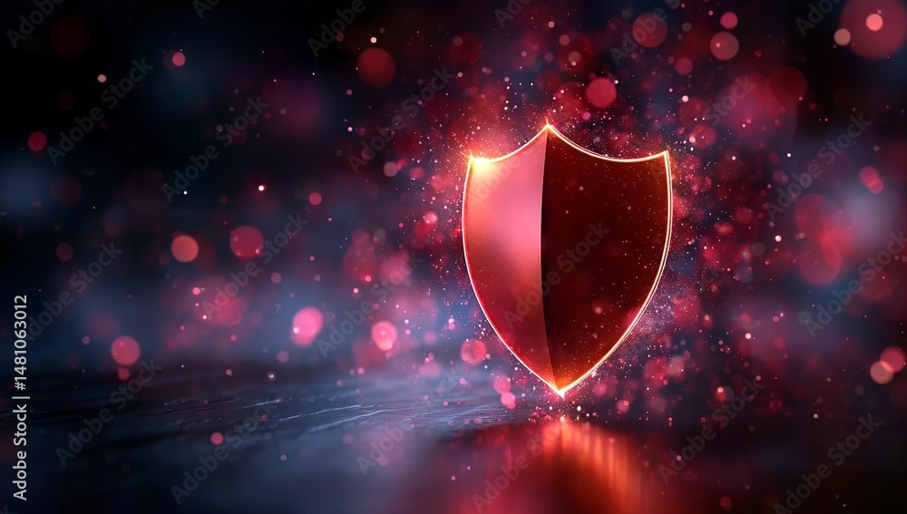 Poster a glowing red shield icon on a dark background, surrounded by lights and a bokeh effect. the scene