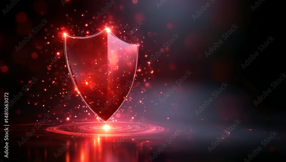 Poster a glowing red shield icon with data points around it, symbolizing protection and security in the
