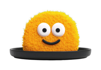Yellow fuzzy smiling creature on plate with big eyes, cut out - stock png.