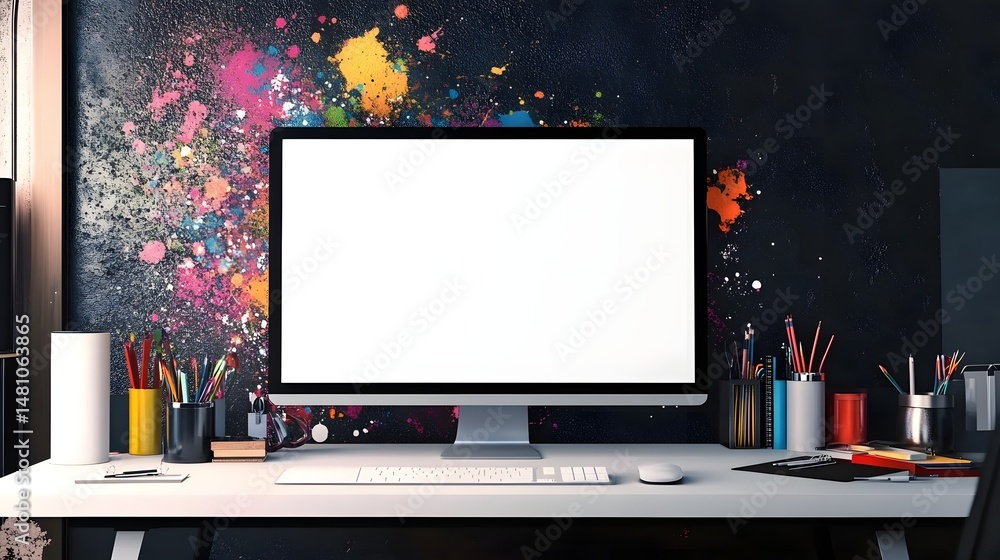 Poster stylish workspace with a blank computer monitor.