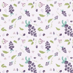 Grapes Seamless Pattern &ndash; Hand Drawn Fruit Illustration.  Seamless Vector Pattern of Purple Grapes.