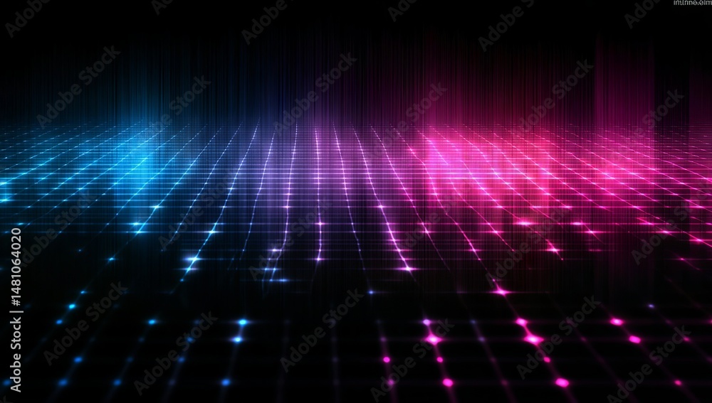 Aufkleber a grid of glowing neon lights forms an abstract pattern on a black background, with a gradient from