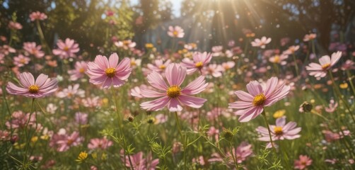 Obraz premium Delicate cosmos blossoms in vibrant garden, sunlight dappled petals , natural, floral design, bloom