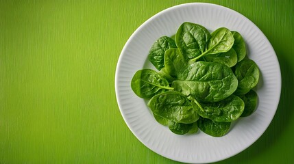 Obraz premium Fresh Green Spinach Leaves on White Plate Healthy Food Diet Nutrition Vegetarian Organic Natural Raw Ingredient Spring Vegetable Culinary Photography 