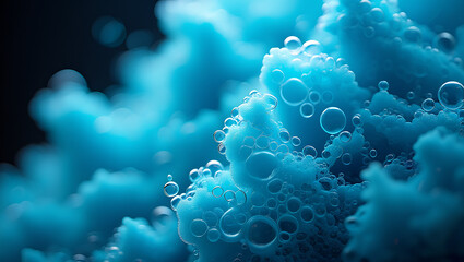 Abstract close up of blue textured shapes with bubbles in a dark background