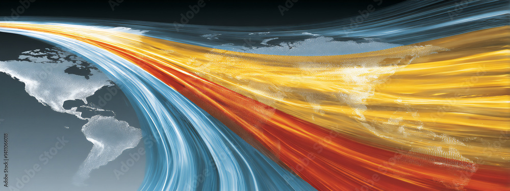 Poster abstract visualization with a blurred german flag and a world map in the background, interconnected 