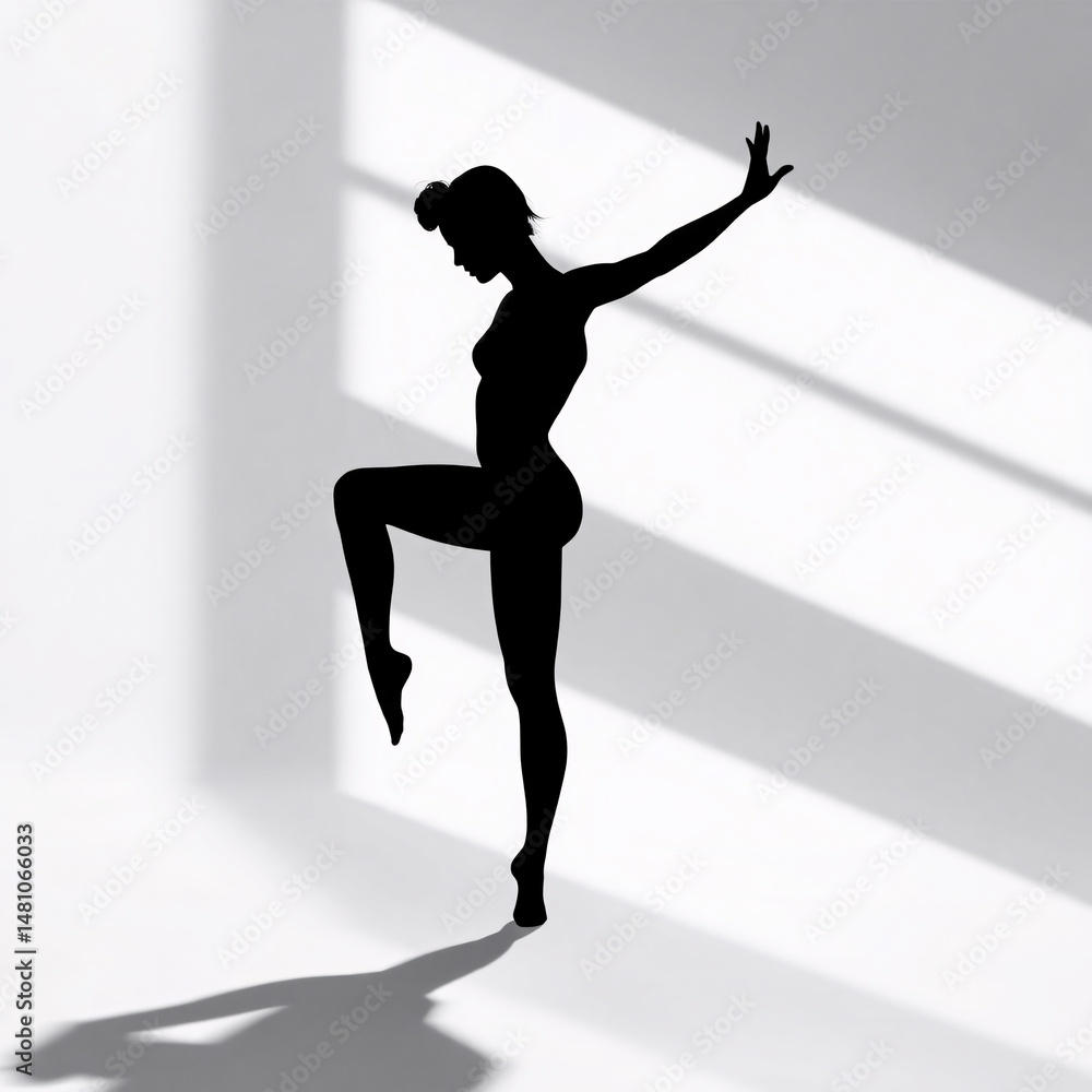 Poster silhouette of a woman in a dancing pose against a white wall with light and shadow patterns visible 