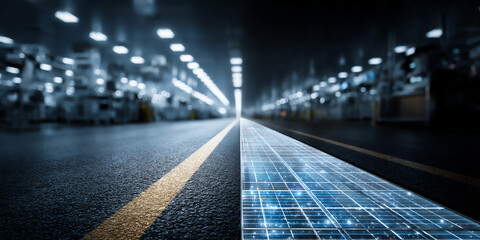 authentic photograph of a solar panel production line with automated machines manufacturing photovoltaic cells, showcasing green technology,