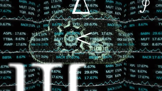 Central holographic cloud hovering with gear icons, psi symbol and scrolling ticker data