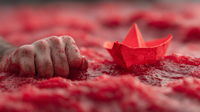 close-up studio shot photograph of a human hand clutching a sinking paper boat amidst a flood of red financial numbers, symbolizing financial loss,
