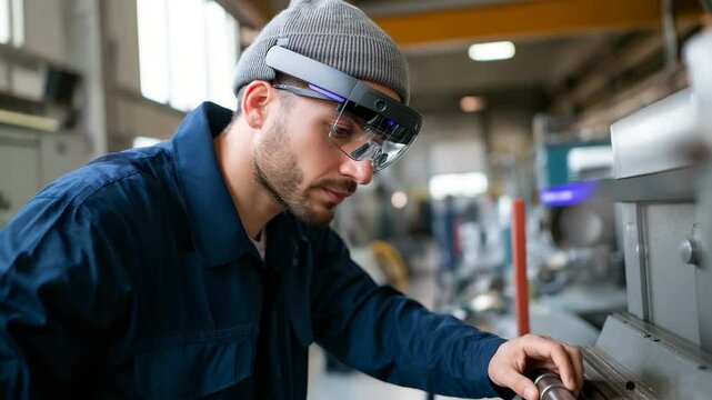 In this industrial setting, a focused engineer inspects high-tech machinery while wearing augmented reality glasses, blending innovation with practical expertise.