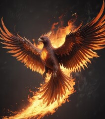 Fiery phoenix, wings spread wide, swirling flames ,  majestic,  graceful