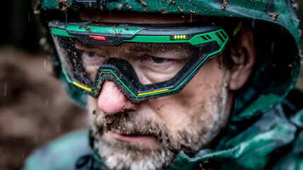 documentary-style image of a soldier wearing augmented reality goggles during a simulated combat training exercise, highlighting the integration of technology in warfare,