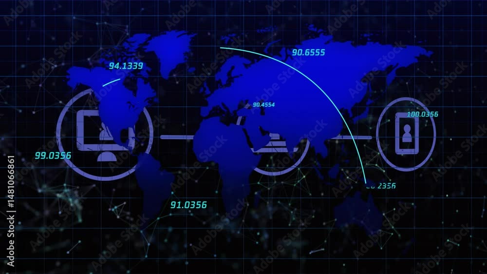 Poster displaying flat design global data network flowing across map with monitor server mobile icons
