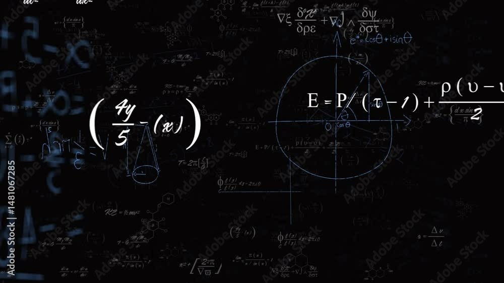 Poster digital canvas presenting white-blue formulas highlighting circle graph and equation in flat design