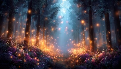 A mystical forest with glowing fireflies, surrounded by tall trees and colorful flowers, creates an