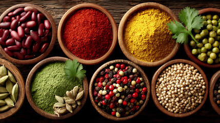 Fototapeta premium close-up photograph of a vibrant array of indian spices including turmeric powder, cumin seeds, coriander seeds, and chili powder arranged in small bowls,