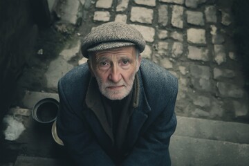 Elderly man with gray beard and cap sits on stone steps, looking up with a thoughtful expression, surrounded by cobblestones and a muted urban environment, conveying a sense of solitude