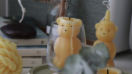 Lit Bear Shaped Candle with Cozy Home Decor and Reed Diffuser, Aesthetic Candlelight Scene with Handmade Bear Candles and Minimalist Decor