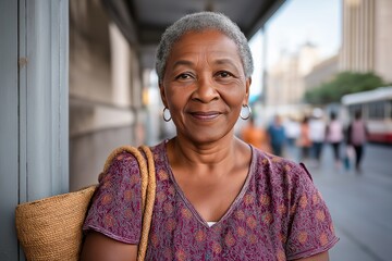 Elderly woman with short gray hair, wearing a colorful patterned top, stands confidently against a city backdrop, showcasing resilience and strength in urban life