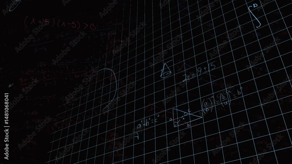 Aufkleber glowing grid being visualized on digital surface with blue white equations and triangle sketches