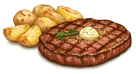 A juicy medium-rare steak with a crispy crust, drizzled with rosemary-infused browned butter. Served with a side of roasted potatoes with crispy skins