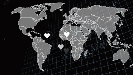 Global map showing floating heart icons, overlaid math sketches, and dynamic grid lines - Powered by Adobe