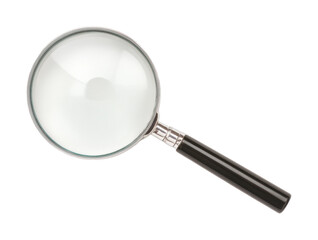 Magnifying glass with black handle isolated on white background, cut out - stock png.