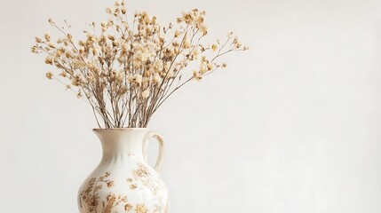 A vintage porcelain vase filled with dried flowers, isolated on a white background, evoking nostalgia