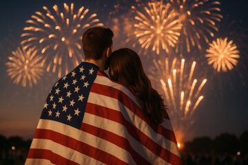 Couple Wrapped in American Flag Watching Fireworks on Independence Day