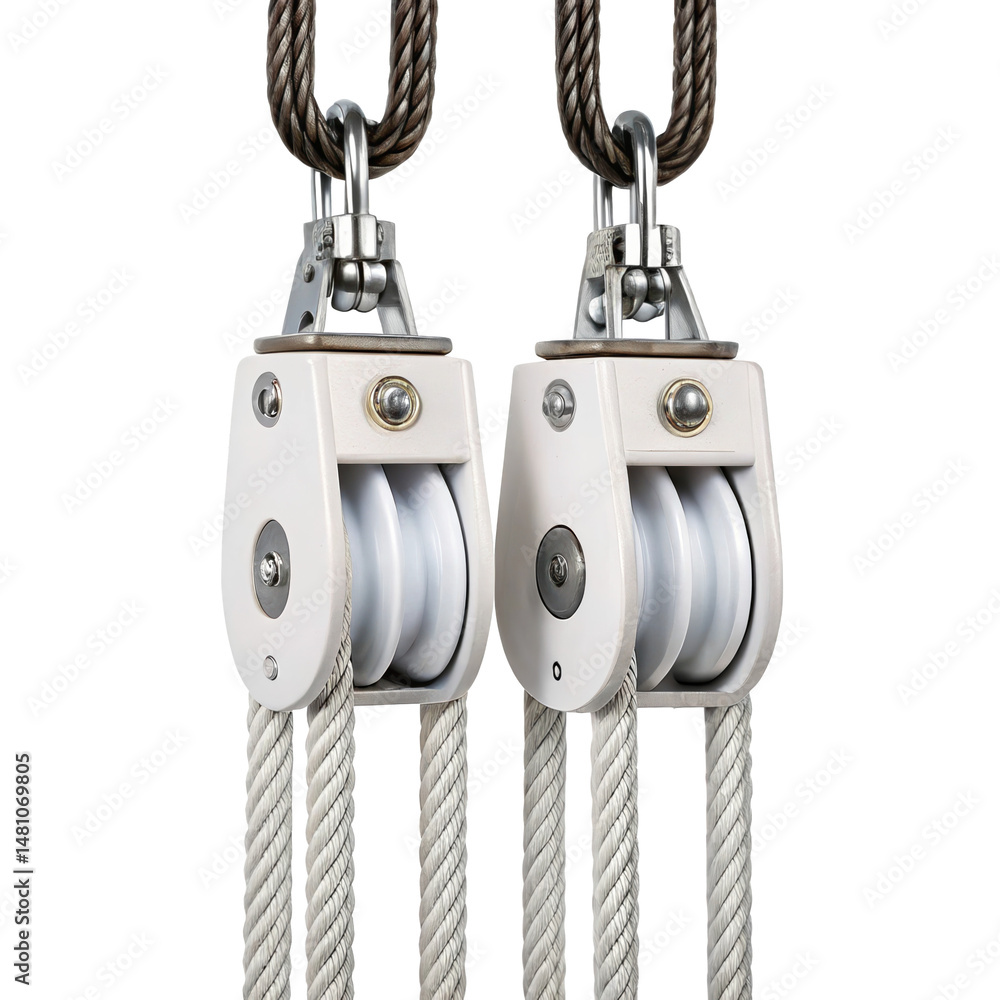 Aufkleber featuring two white double pulley block systems suspended from ropes against a transparent backgroun