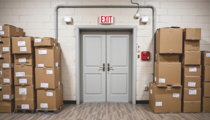 Storage area with stacked boxes and double exit doors.