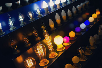 Assortment electric lamps on the counter