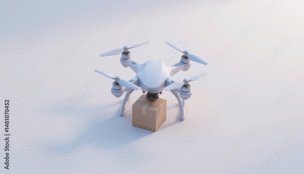 Poster delivery drone with a package in a minimalistic setting.